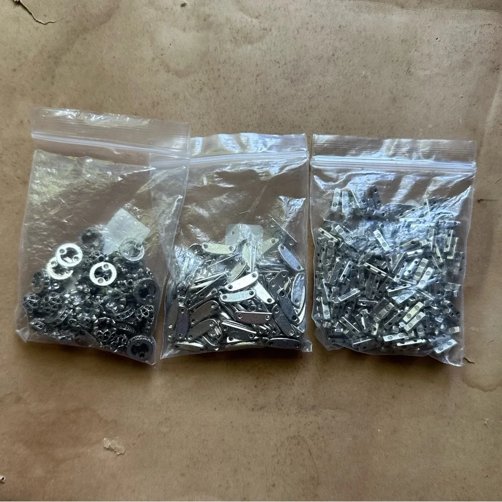 NOS lot of silver tone jewelry making findings: tila beads, caps et al. 9oz